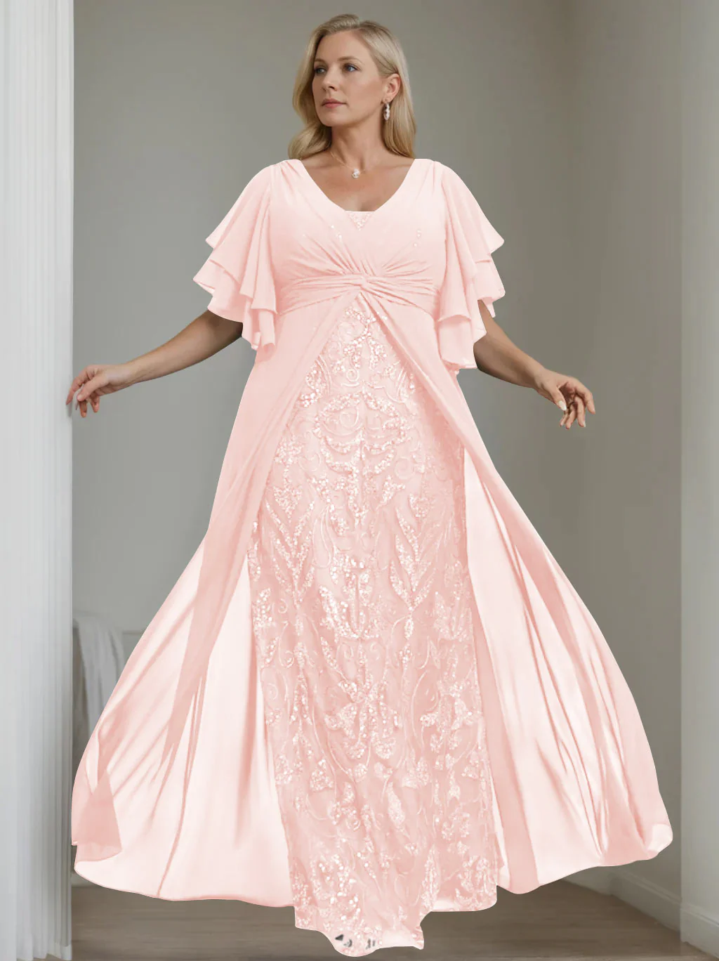 A-Line/Princess V-Neck Half Sleeves Floor-Length Plus Size Mother of the Bride Dresses with Pleated - Image 39