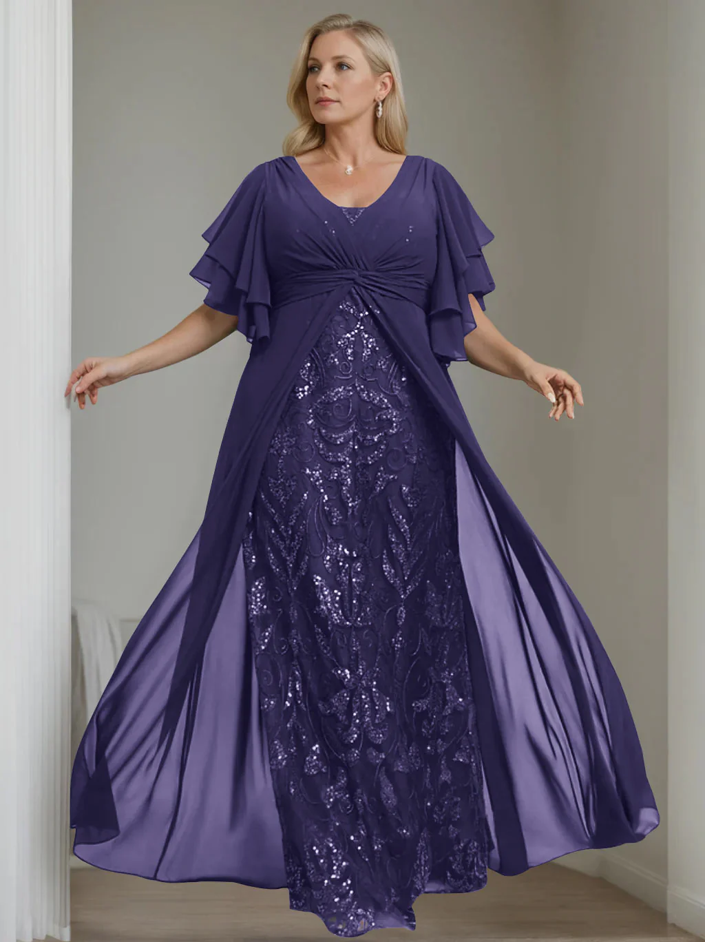 A-Line/Princess V-Neck Half Sleeves Floor-Length Plus Size Mother of the Bride Dresses with Pleated - Image 43
