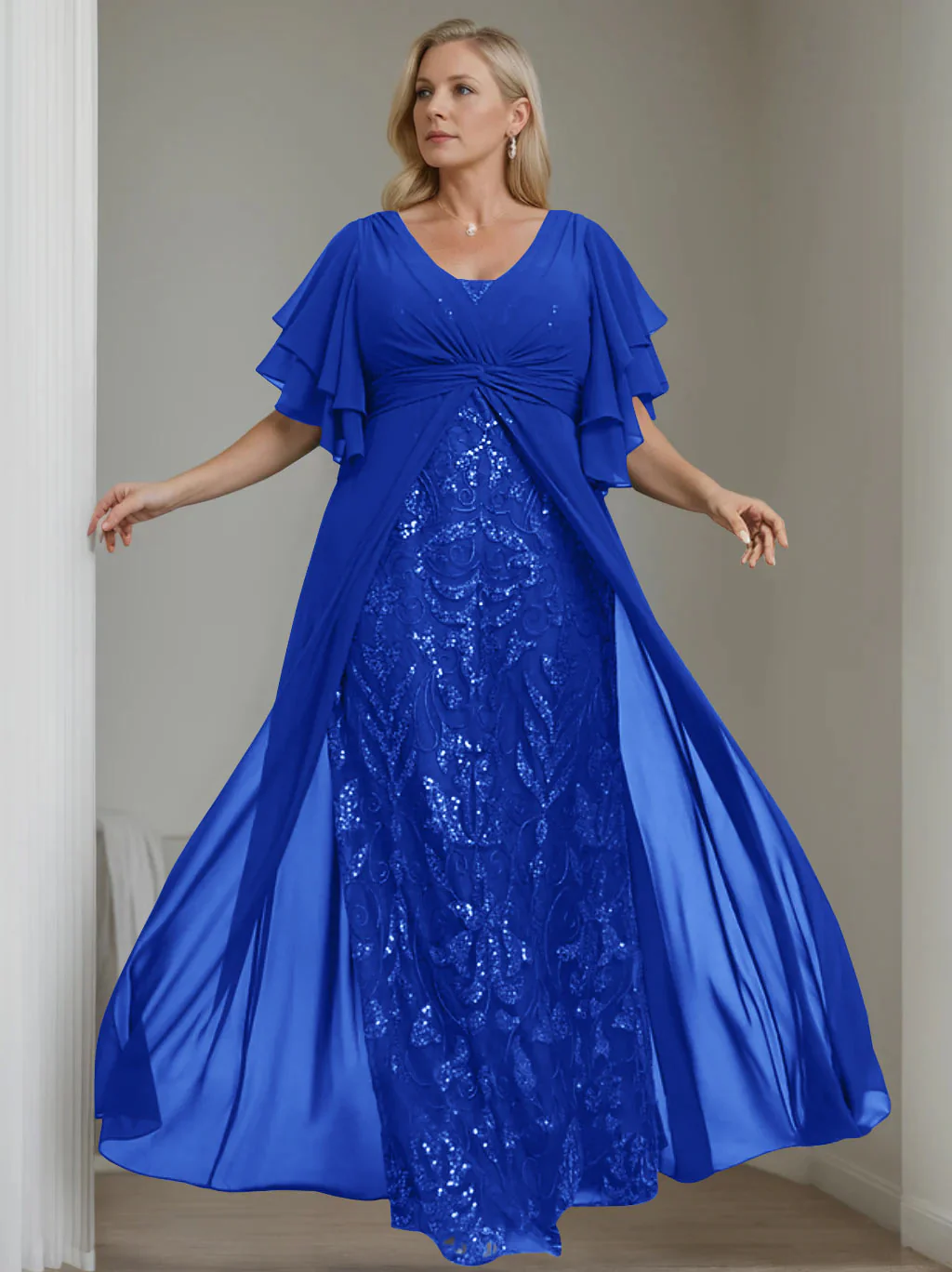 A-Line/Princess V-Neck Half Sleeves Floor-Length Plus Size Mother of the Bride Dresses with Pleated - Image 44