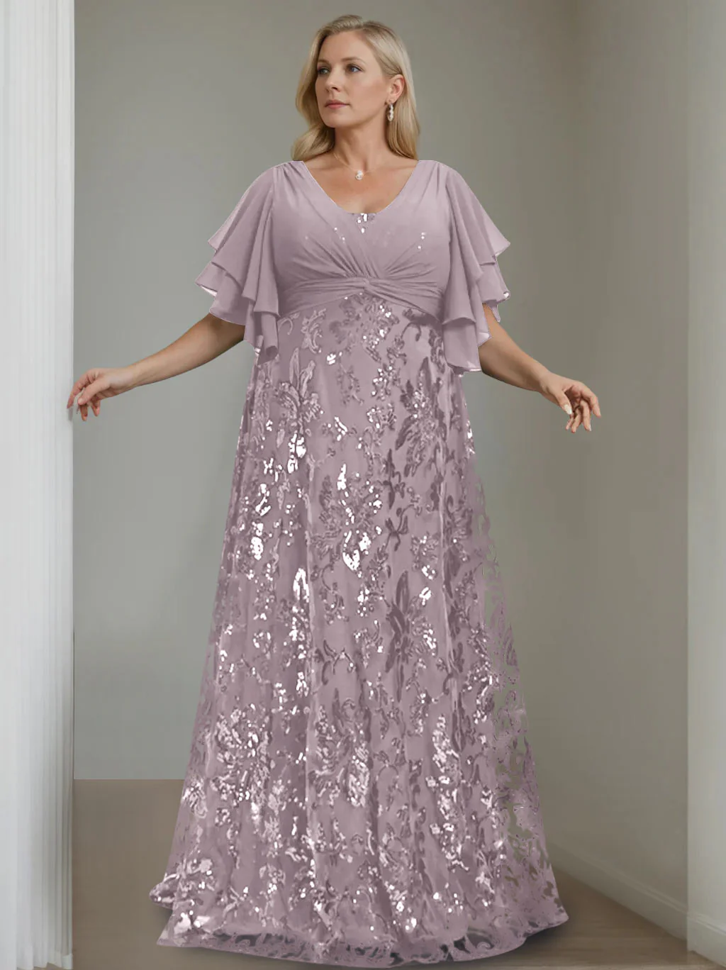 A-Line/Princess V-Neck Half Sleeves Floor-Length Plus Size Mother of the Bride Dresses with Sequins - Image 16