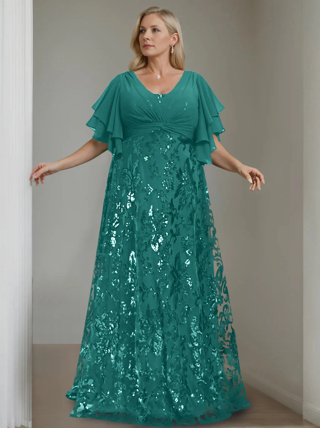 A-Line/Princess V-Neck Half Sleeves Floor-Length Plus Size Mother of the Bride Dresses with Sequins - Image 19