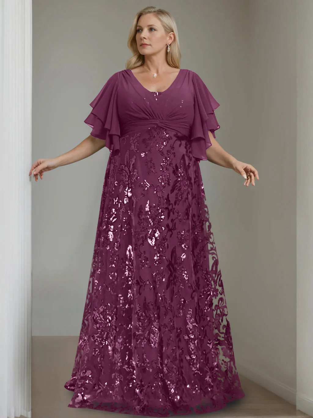 A-Line/Princess V-Neck Half Sleeves Floor-Length Plus Size Mother of the Bride Dresses with Sequins - Image 22