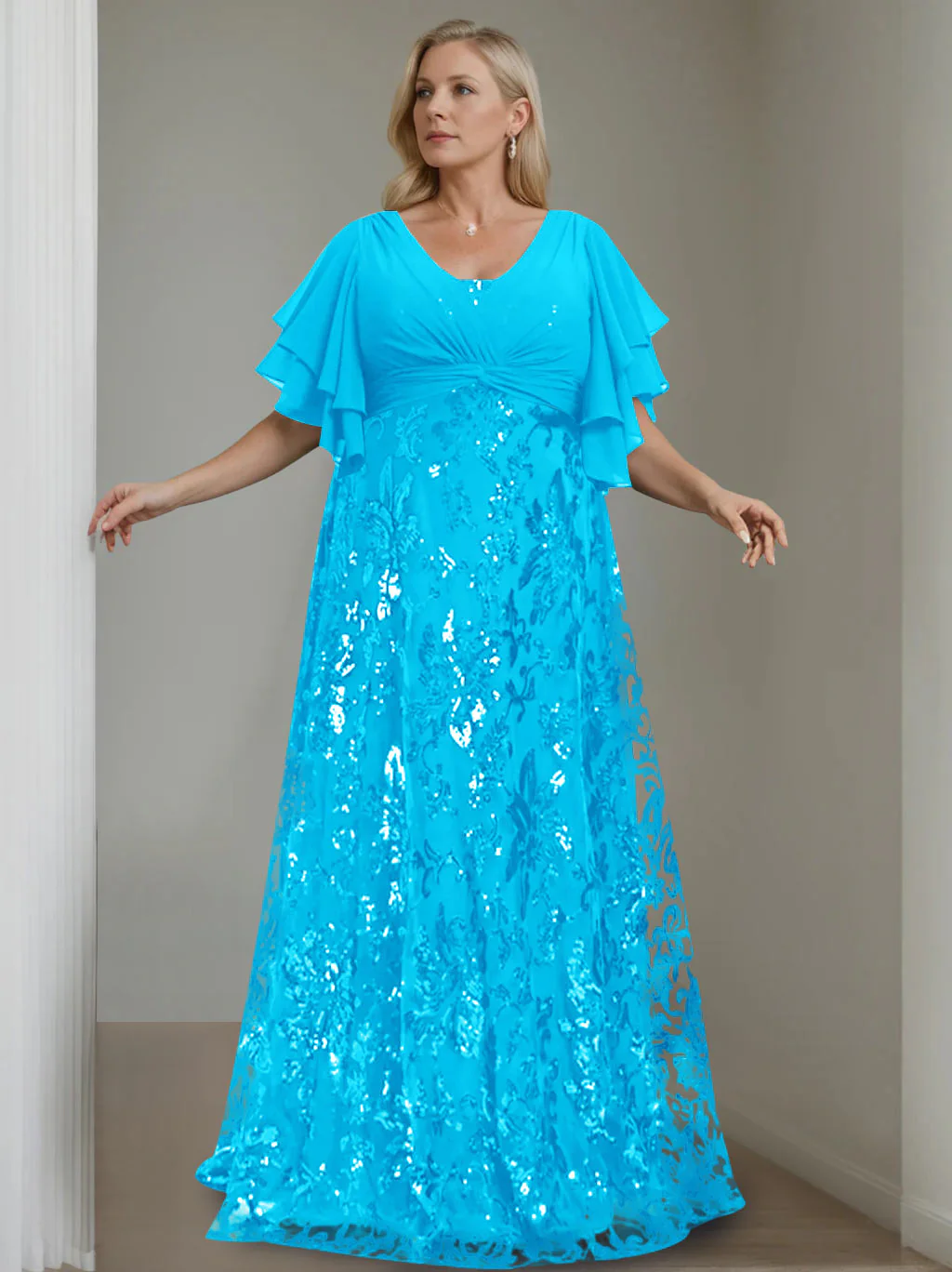 A-Line/Princess V-Neck Half Sleeves Floor-Length Plus Size Mother of the Bride Dresses with Sequins - Image 32