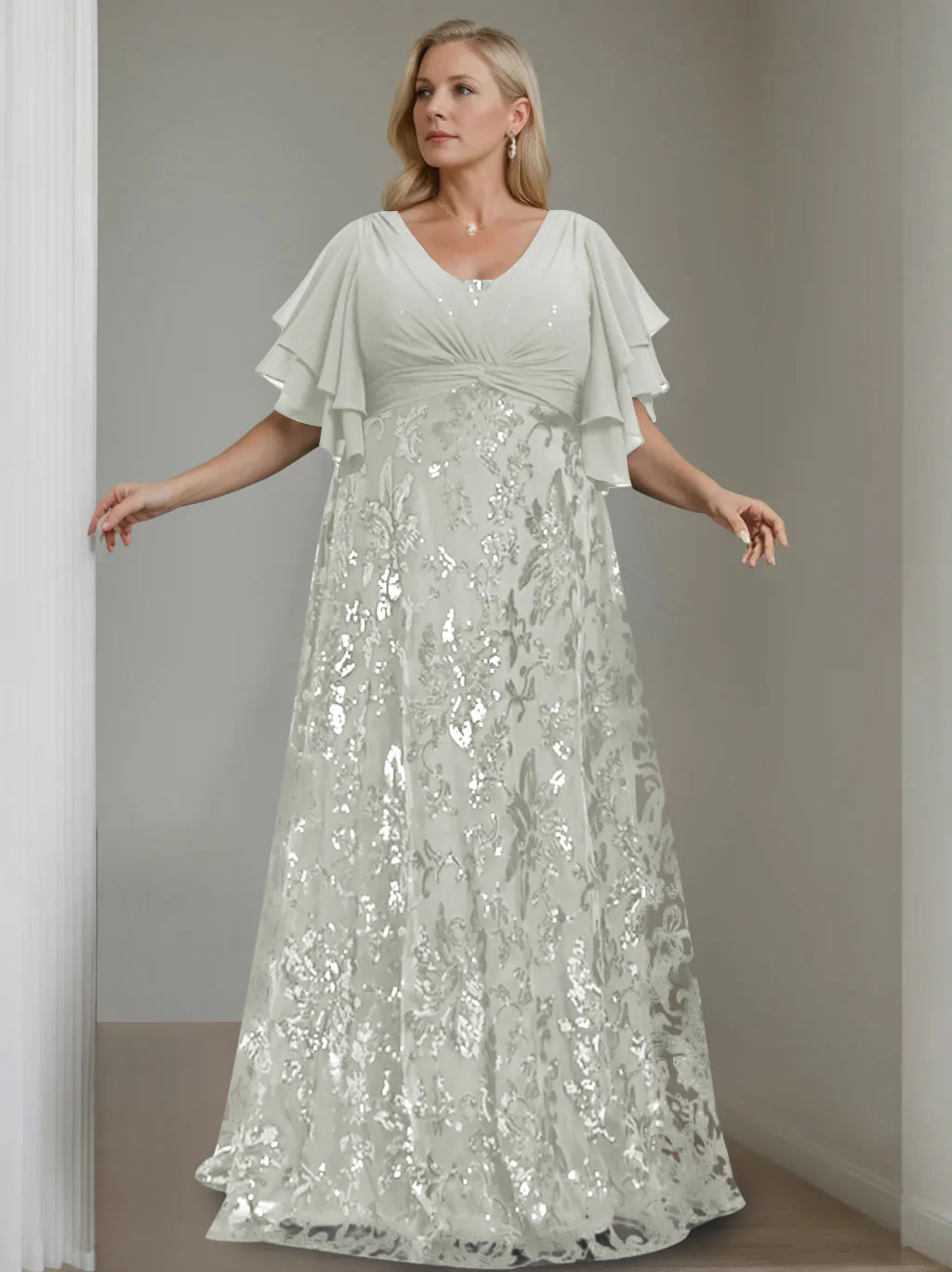 A-Line/Princess V-Neck Half Sleeves Floor-Length Plus Size Mother of the Bride Dresses with Sequins - Image 44