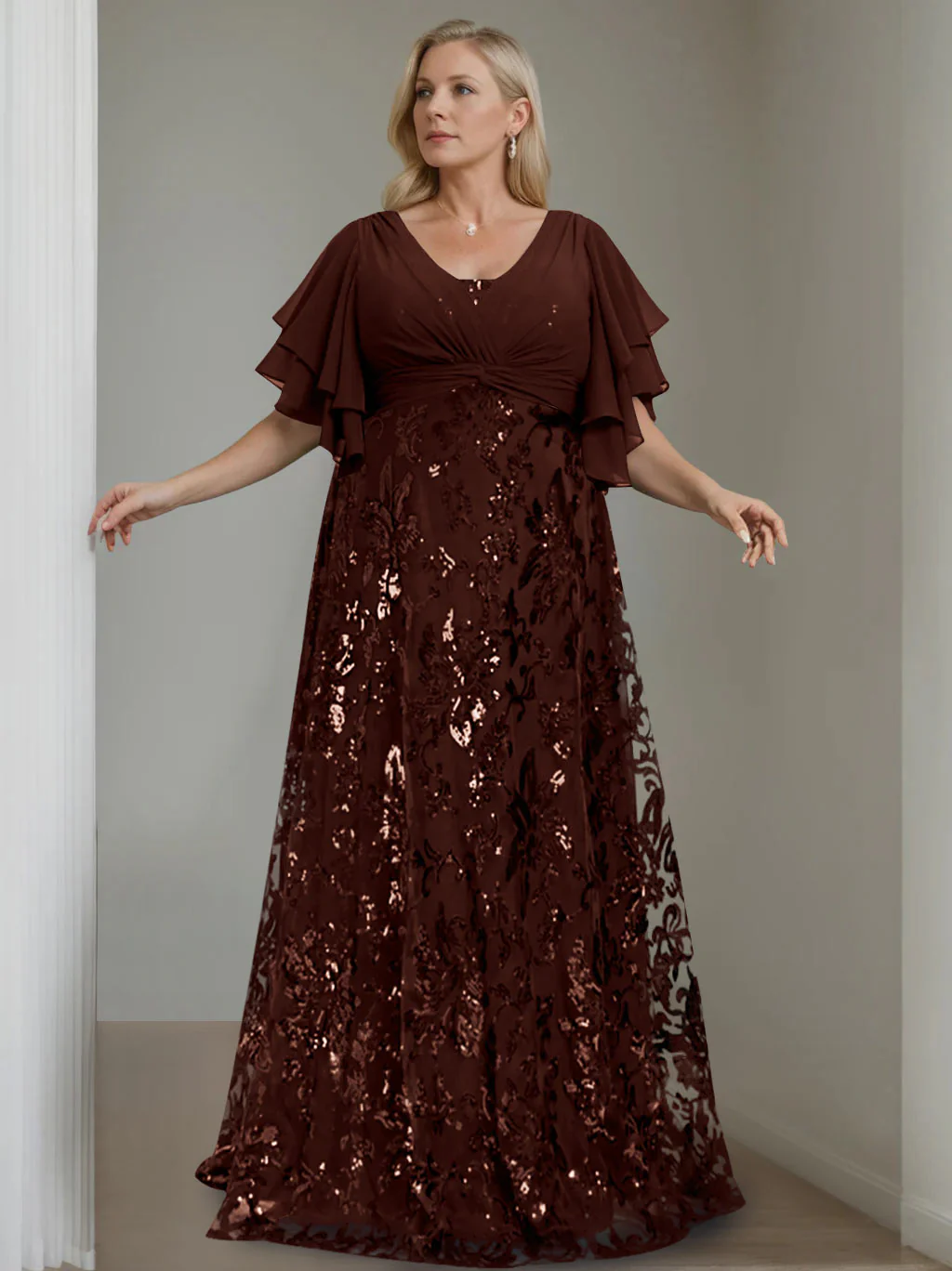 A-Line/Princess V-Neck Half Sleeves Floor-Length Plus Size Mother of the Bride Dresses with Sequins - Image 6