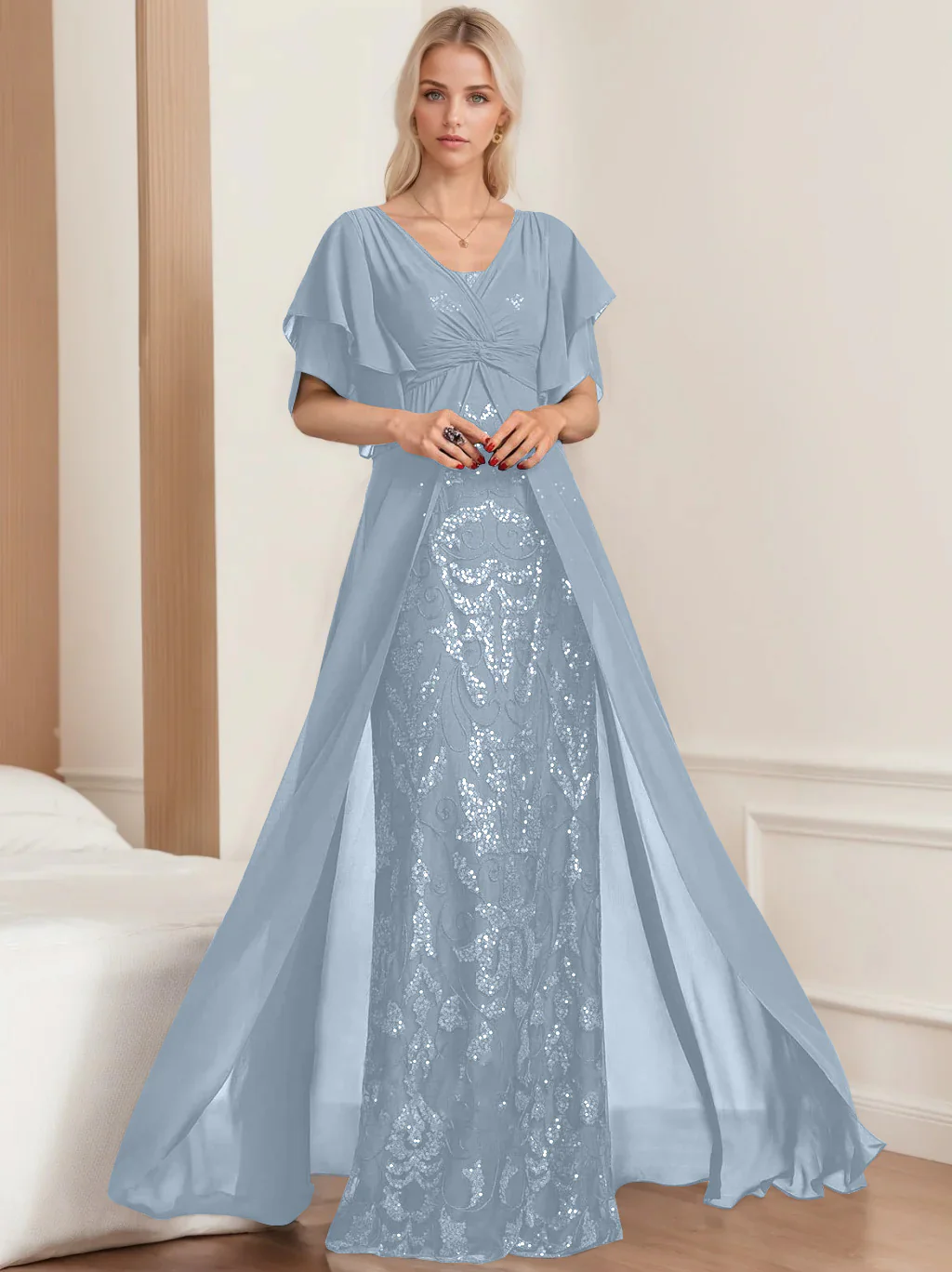 A-Line/Princess V-Neck Half Sleeves Floor-Length Plus SizeMother of the Bride Dresses with Pleated - Image 19