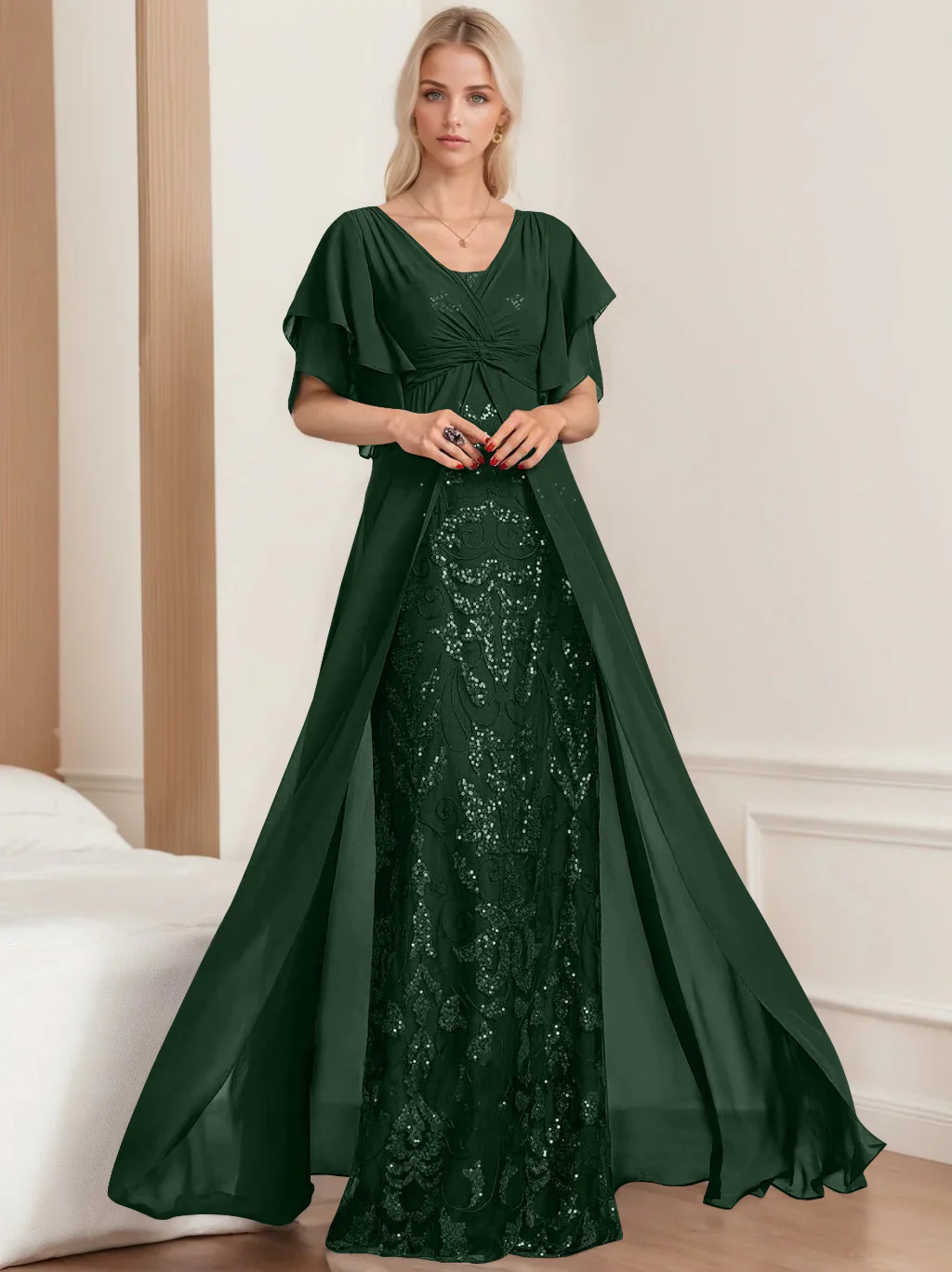 A-Line/Princess V-Neck Half Sleeves Floor-Length Plus SizeMother of the Bride Dresses with Pleated - Image 25