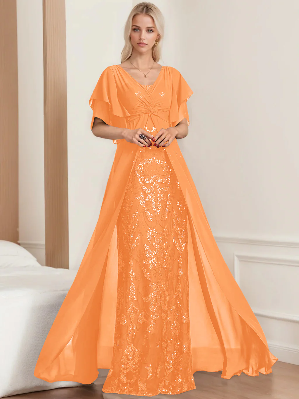 A-Line/Princess V-Neck Half Sleeves Floor-Length Plus SizeMother of the Bride Dresses with Pleated - Image 35