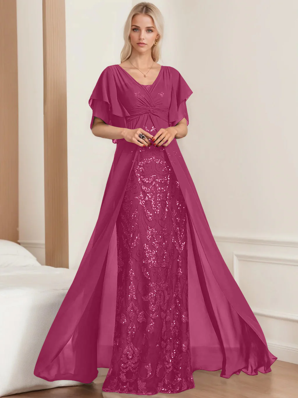 A-Line/Princess V-Neck Half Sleeves Floor-Length Plus SizeMother of the Bride Dresses with Pleated - Image 36