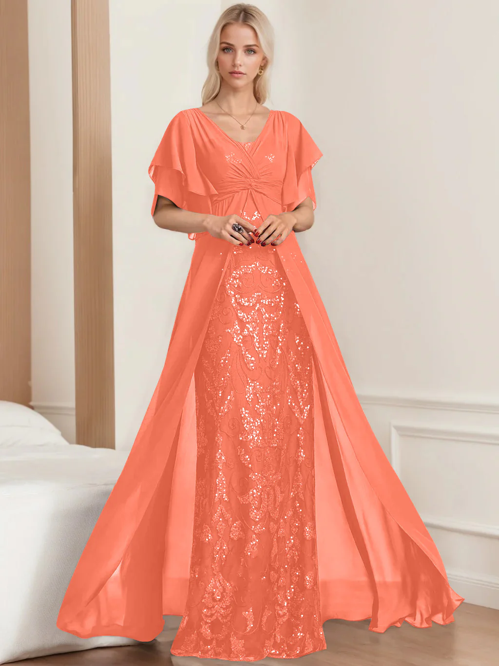 A-Line/Princess V-Neck Half Sleeves Floor-Length Plus SizeMother of the Bride Dresses with Pleated - Image 37