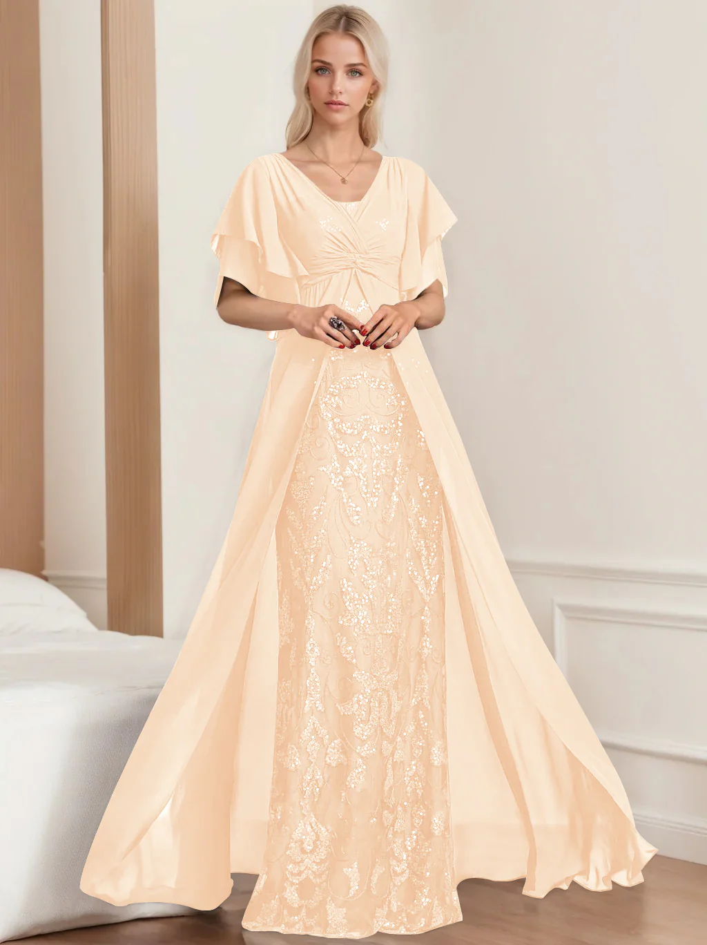 A-Line/Princess V-Neck Half Sleeves Floor-Length Plus SizeMother of the Bride Dresses with Pleated - Image 38