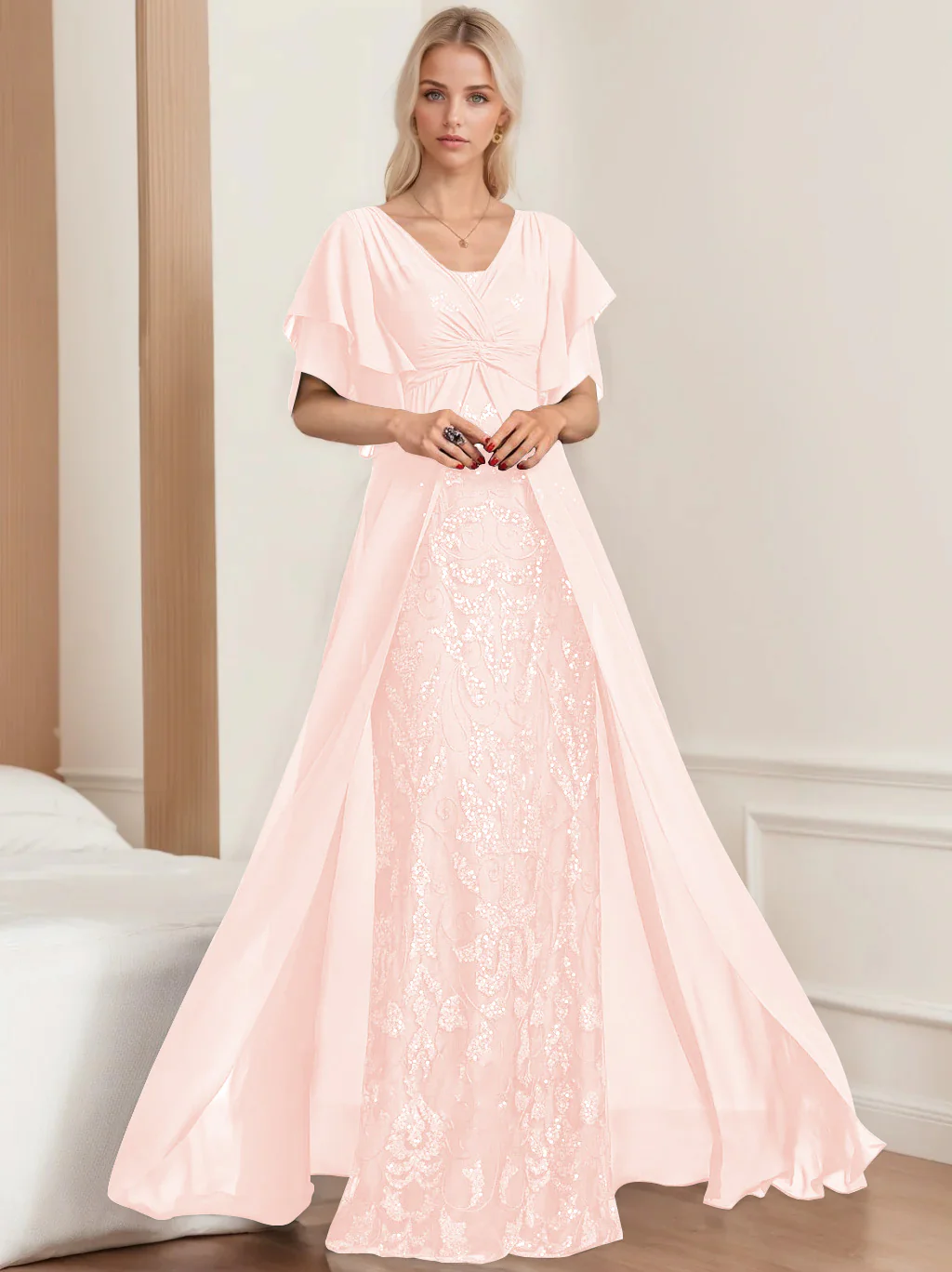 A-Line/Princess V-Neck Half Sleeves Floor-Length Plus SizeMother of the Bride Dresses with Pleated - Image 39