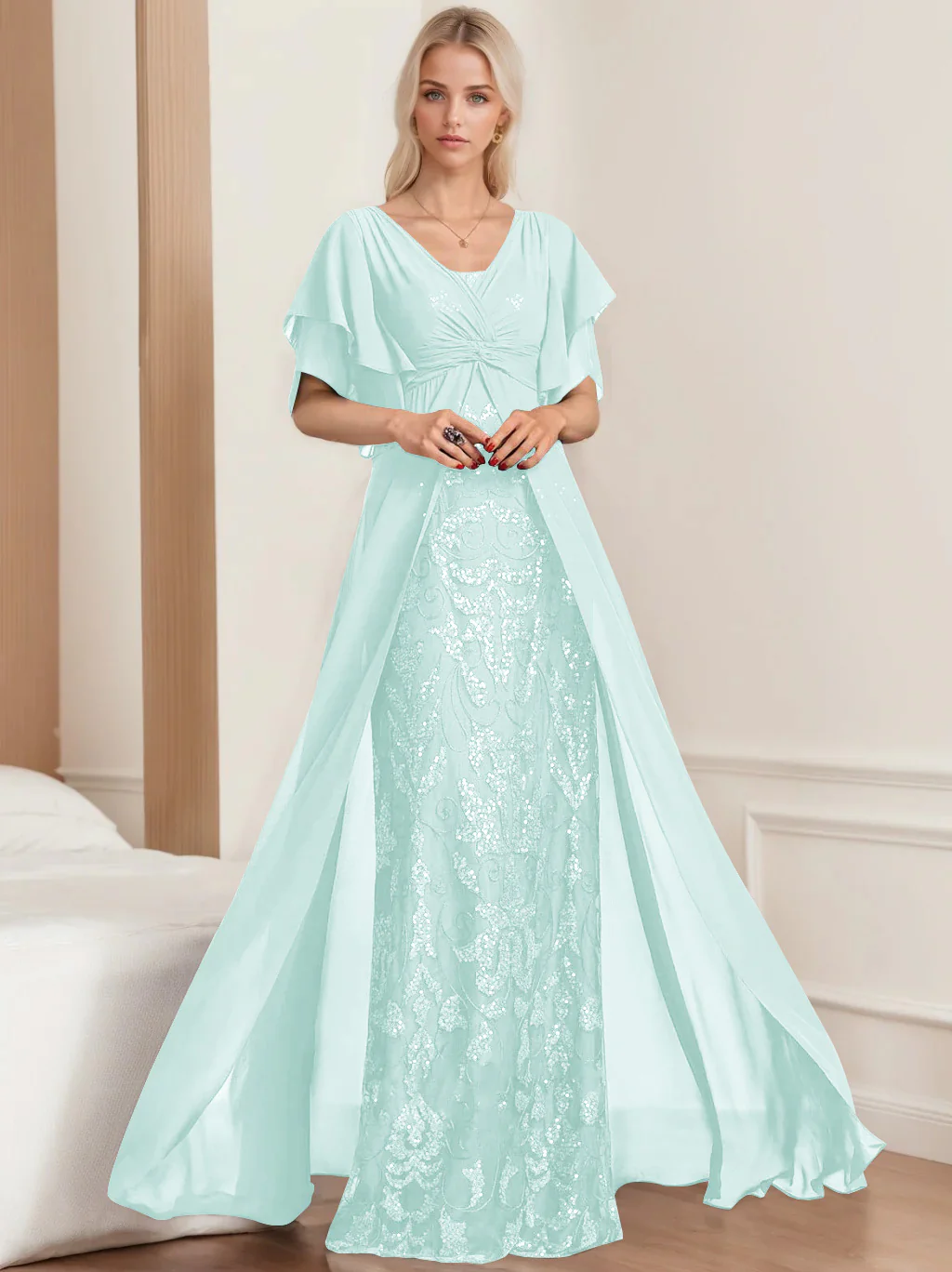 A-Line/Princess V-Neck Half Sleeves Floor-Length Plus SizeMother of the Bride Dresses with Pleated - Image 47