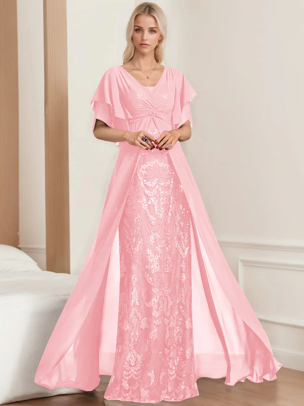 A-Line/Princess V-Neck Half Sleeves Floor-Length Plus SizeMother of the Bride Dresses with Pleated - Image 9