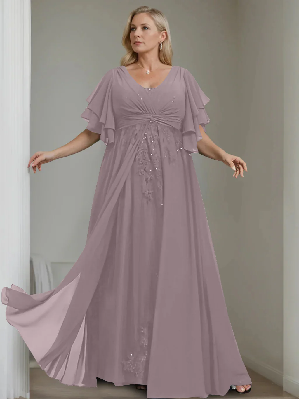 A-Line/Princess V-Neck Half Sleeves Floor-Length Unique Plus Size Mother of the Bride Dresses with Sequins & Ruffles - Image 16