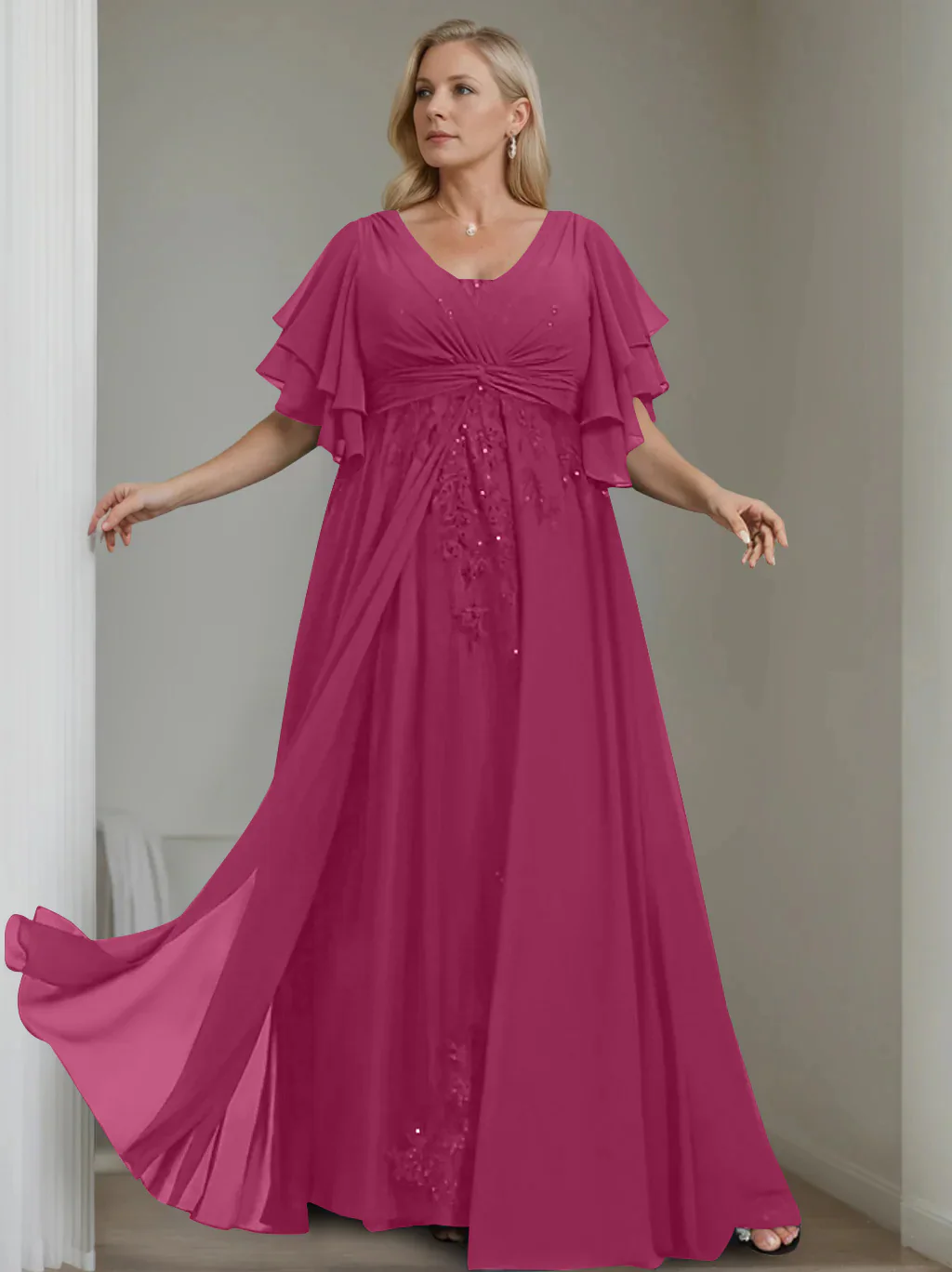 A-Line/Princess V-Neck Half Sleeves Floor-Length Unique Plus Size Mother of the Bride Dresses with Sequins & Ruffles - Image 35