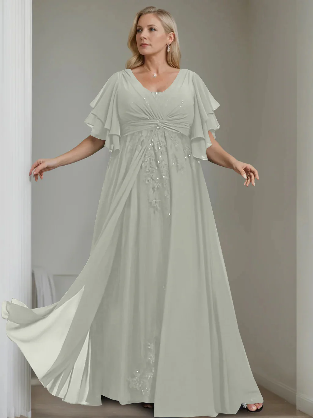 A-Line/Princess V-Neck Half Sleeves Floor-Length Unique Plus Size Mother of the Bride Dresses with Sequins & Ruffles - Image 45