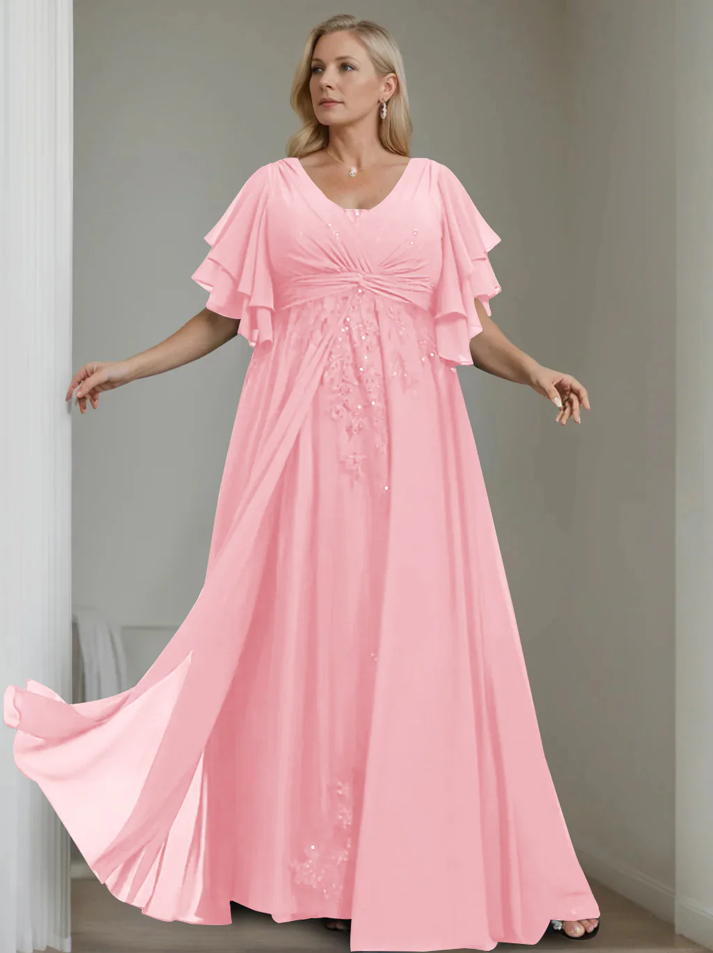 A-Line/Princess V-Neck Half Sleeves Floor-Length Unique Plus Size Mother of the Bride Dresses with Sequins & Ruffles - Image 7