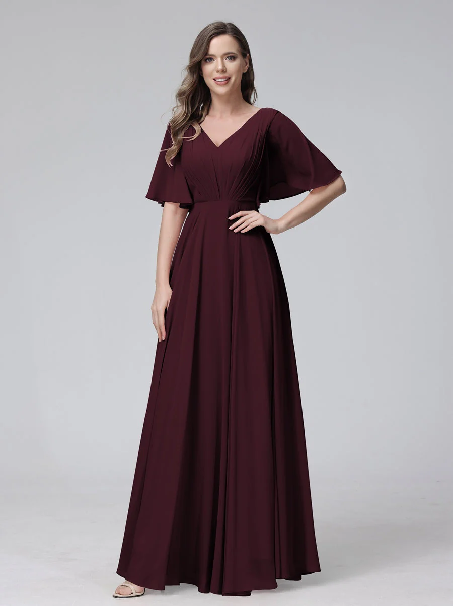 A-Line/Princess V-Neck Half Sleeves Floor-Length Bridemaid Dresses With Ruffles & Pockets - Image 12