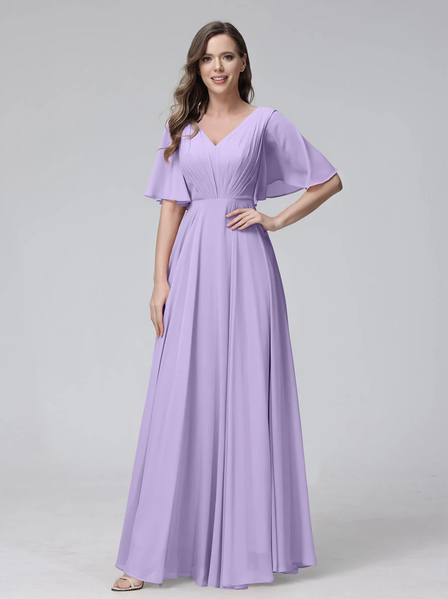 A-Line/Princess V-Neck Half Sleeves Floor-Length Bridemaid Dresses With Ruffles & Pockets - Image 14