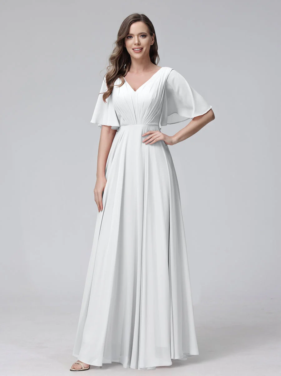 A-Line/Princess V-Neck Half Sleeves Floor-Length Bridemaid Dresses With Ruffles & Pockets - Image 19