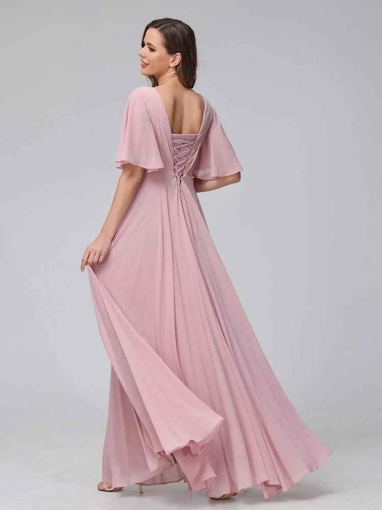 A-Line/Princess V-Neck Half Sleeves Floor-Length Bridemaid Dresses With Ruffles & Pockets - Image 2