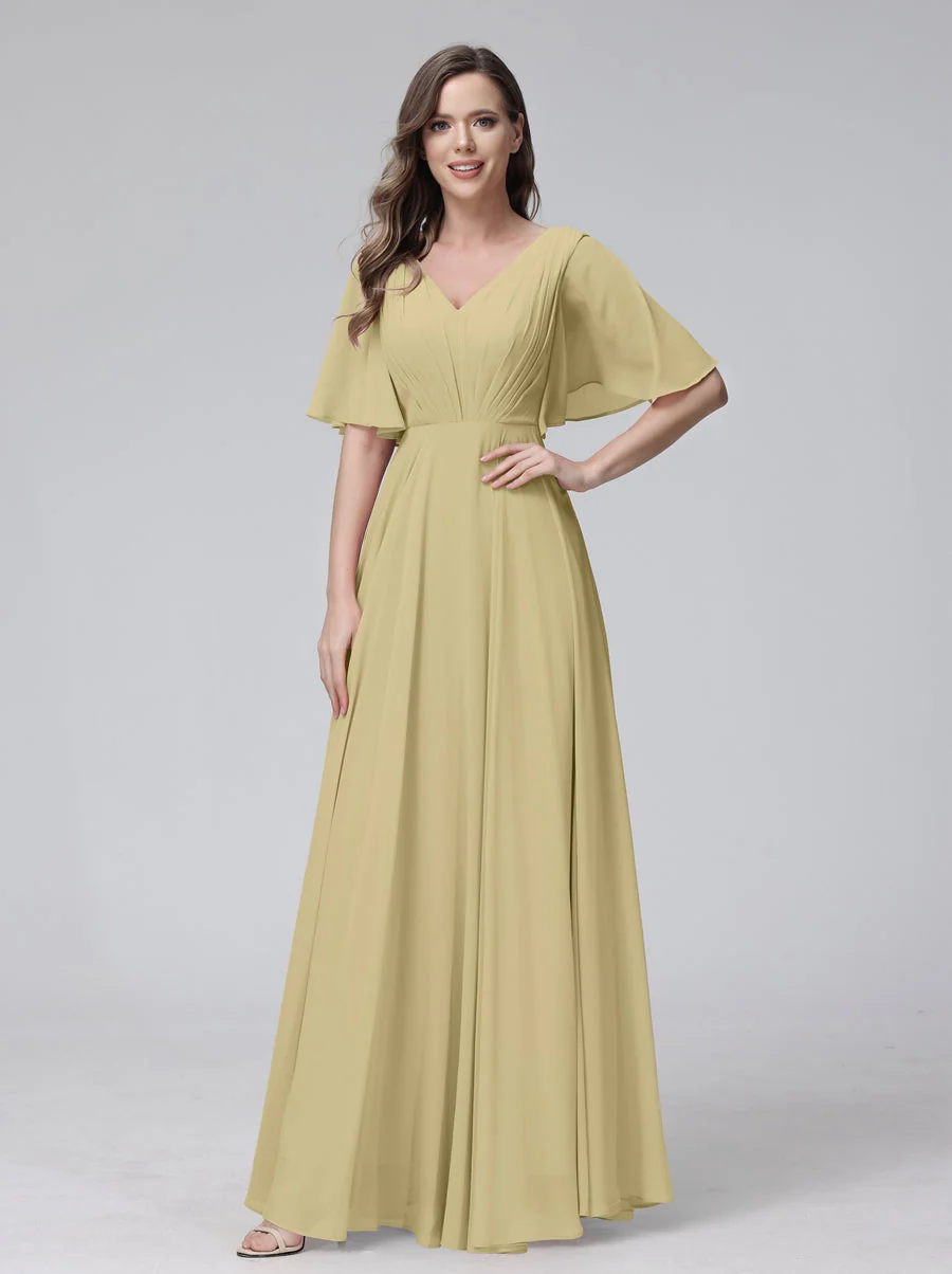 A-Line/Princess V-Neck Half Sleeves Floor-Length Bridemaid Dresses With Ruffles & Pockets - Image 24