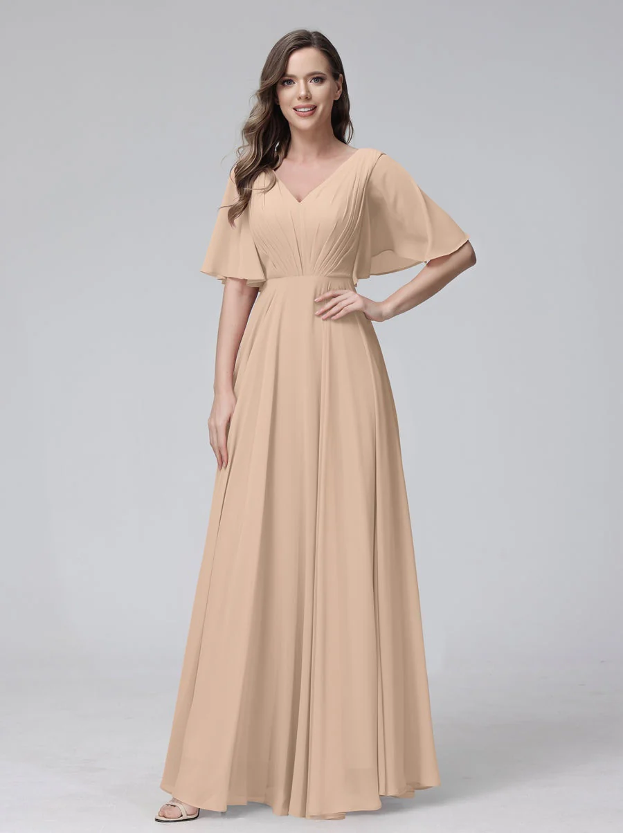 A-Line/Princess V-Neck Half Sleeves Floor-Length Bridemaid Dresses With Ruffles & Pockets - Image 29
