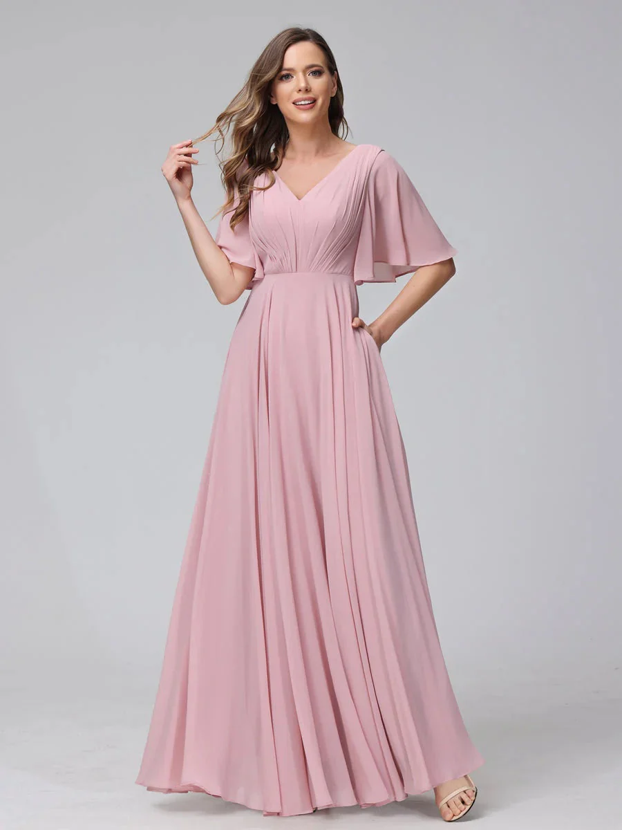 A-Line/Princess V-Neck Half Sleeves Floor-Length Bridemaid Dresses With Ruffles & Pockets - Image 3
