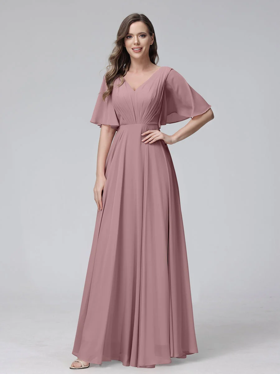 A-Line/Princess V-Neck Half Sleeves Floor-Length Bridemaid Dresses With Ruffles & Pockets - Image 31