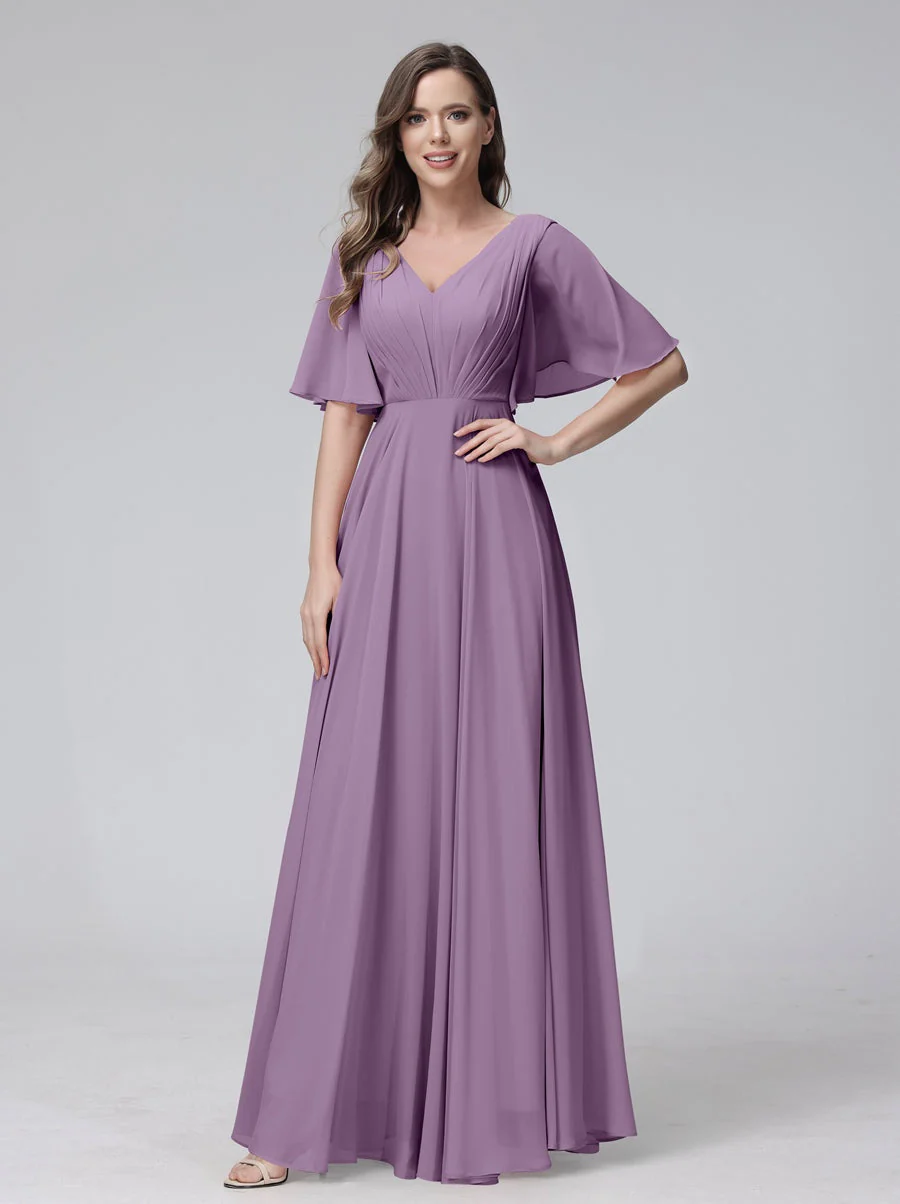 A-Line/Princess V-Neck Half Sleeves Floor-Length Bridemaid Dresses With Ruffles & Pockets - Image 40