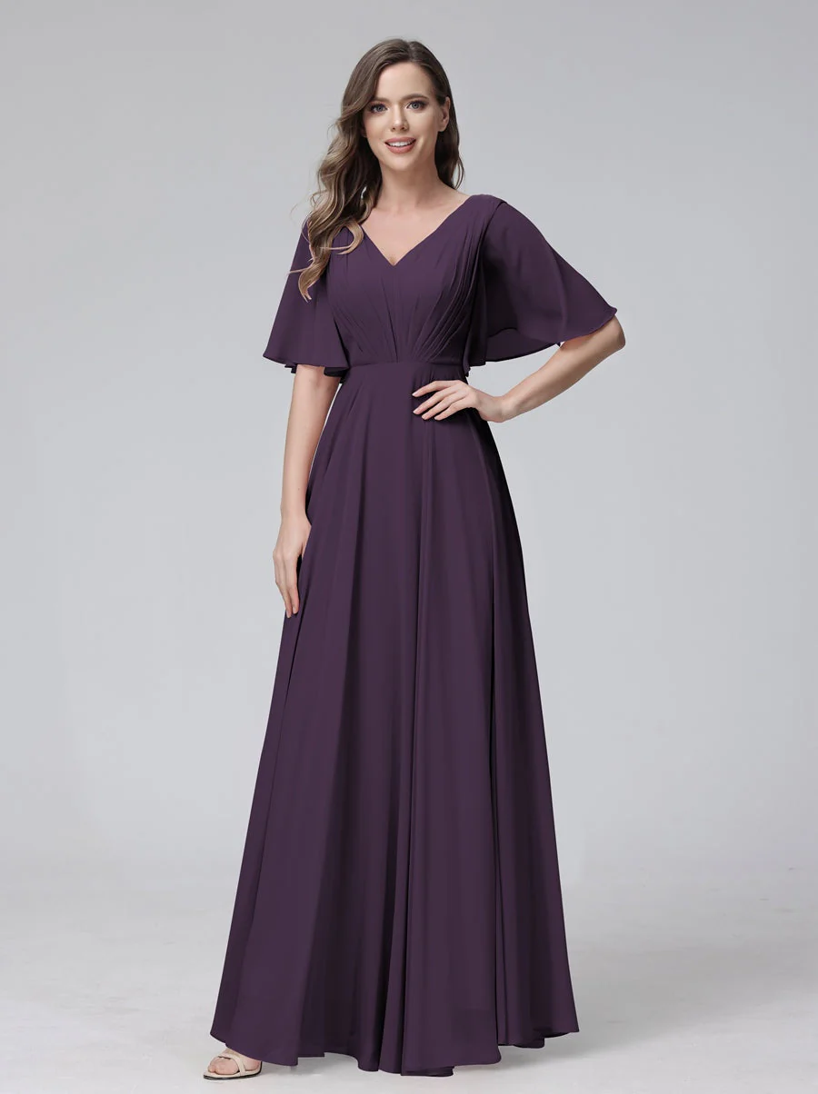 A-Line/Princess V-Neck Half Sleeves Floor-Length Bridemaid Dresses With Ruffles & Pockets - Image 46