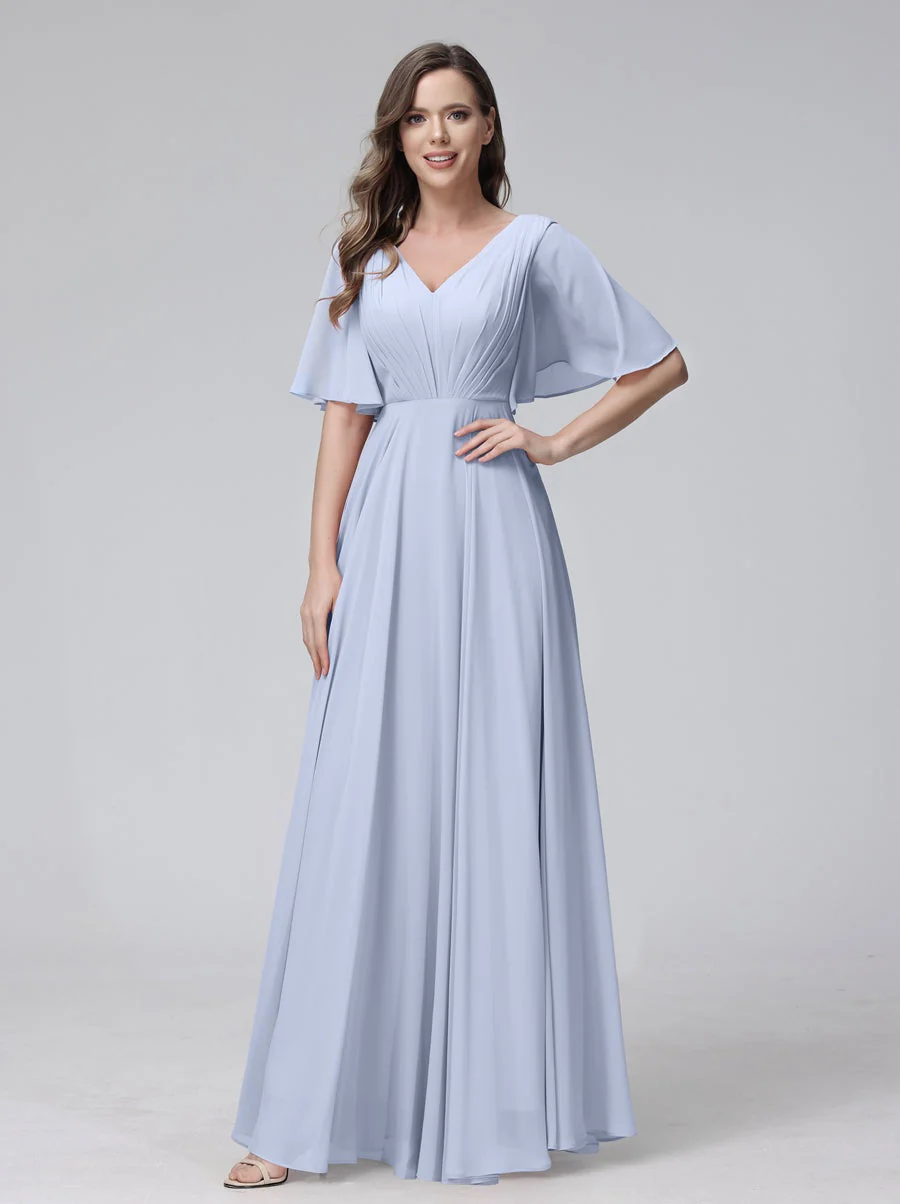 A-Line/Princess V-Neck Half Sleeves Floor-Length Bridemaid Dresses With Ruffles & Pockets - Image 48