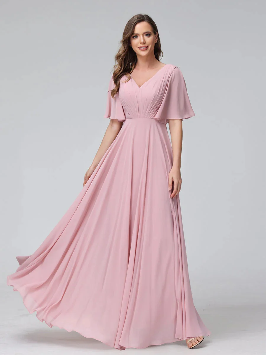A-Line/Princess V-Neck Half Sleeves Floor-Length Bridemaid Dresses With Ruffles & Pockets - Image 5