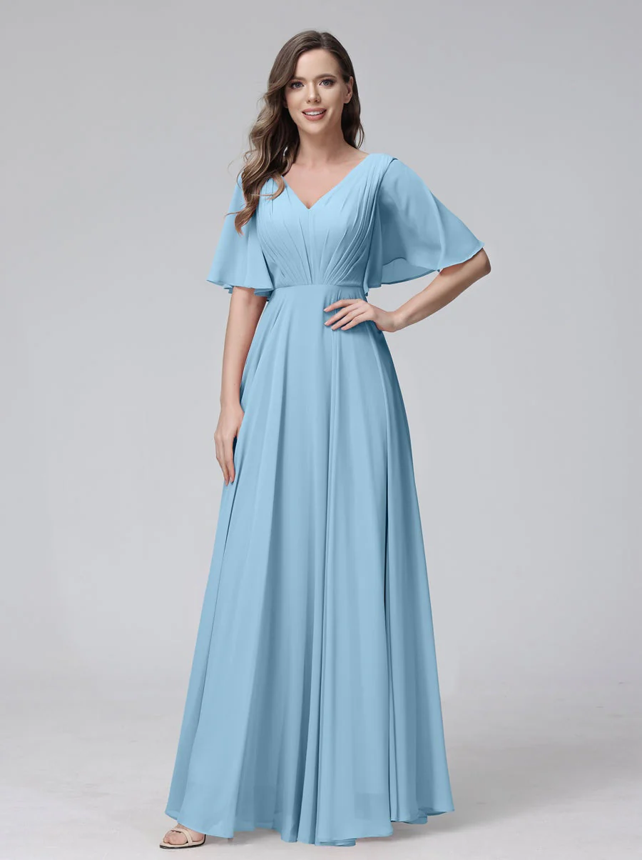 A-Line/Princess V-Neck Half Sleeves Floor-Length Bridemaid Dresses With Ruffles & Pockets - Image 50