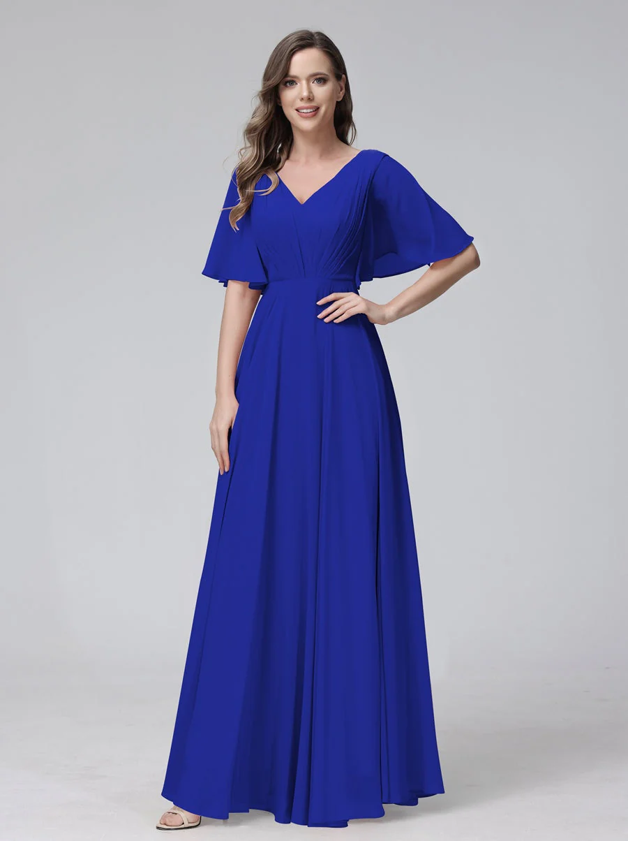 A-Line/Princess V-Neck Half Sleeves Floor-Length Bridemaid Dresses With Ruffles & Pockets - Image 55