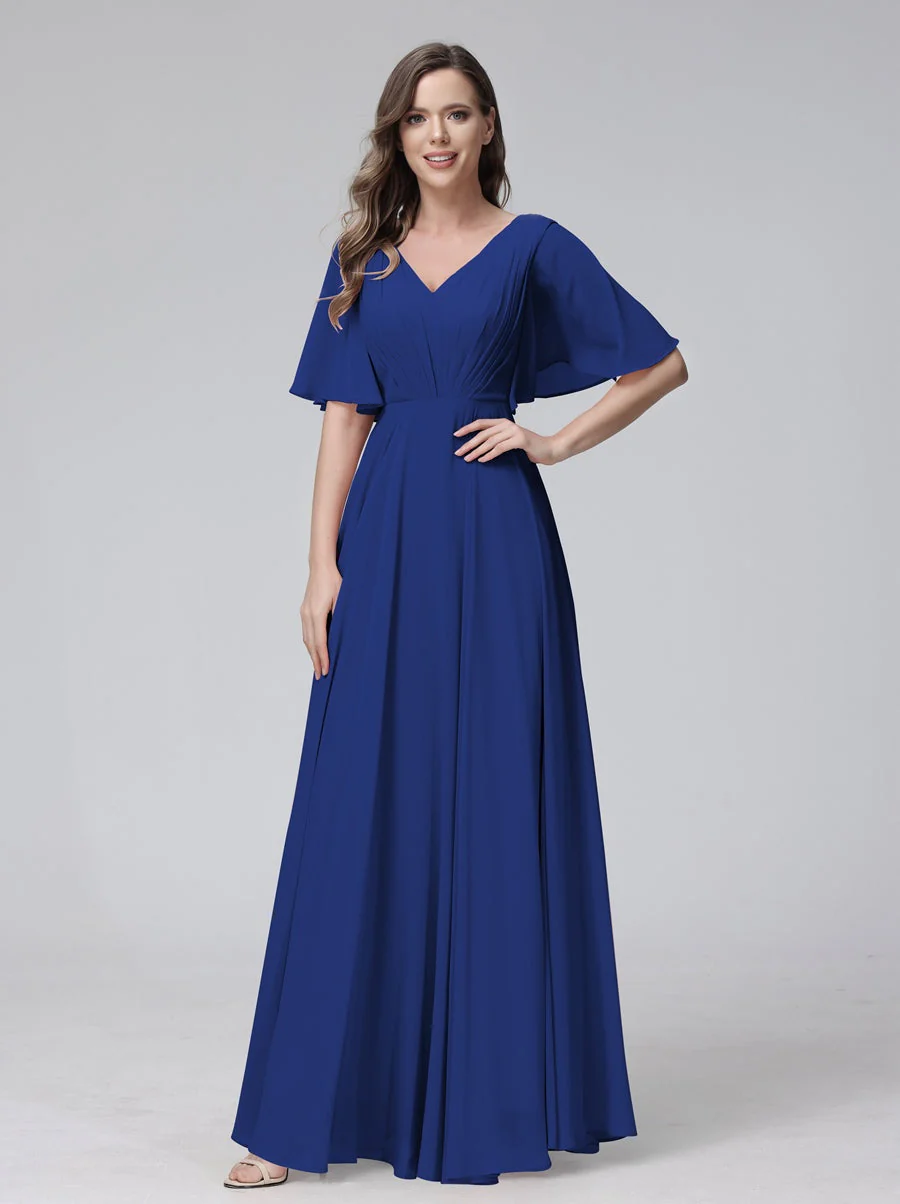 A-Line/Princess V-Neck Half Sleeves Floor-Length Bridemaid Dresses With Ruffles & Pockets - Image 56