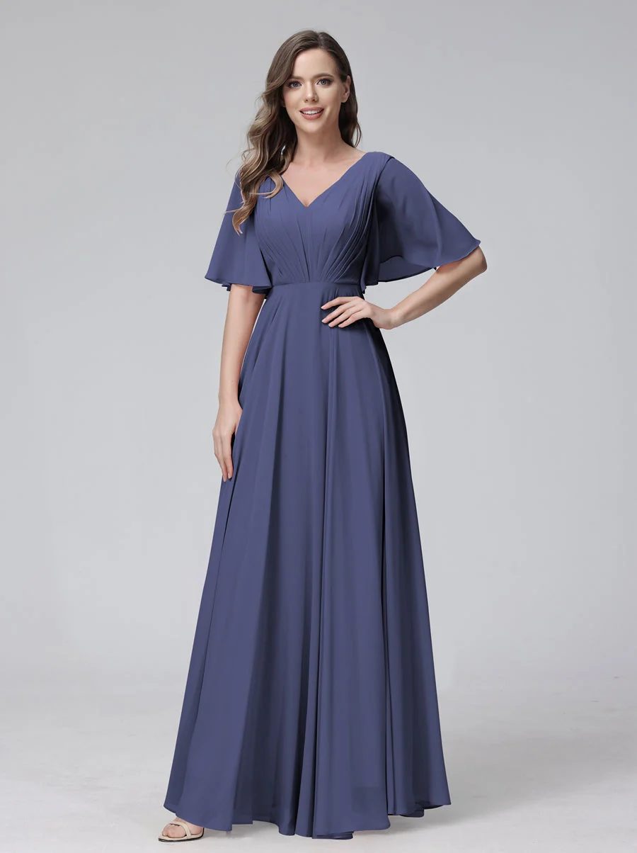 A-Line/Princess V-Neck Half Sleeves Floor-Length Bridemaid Dresses With Ruffles & Pockets - Image 57