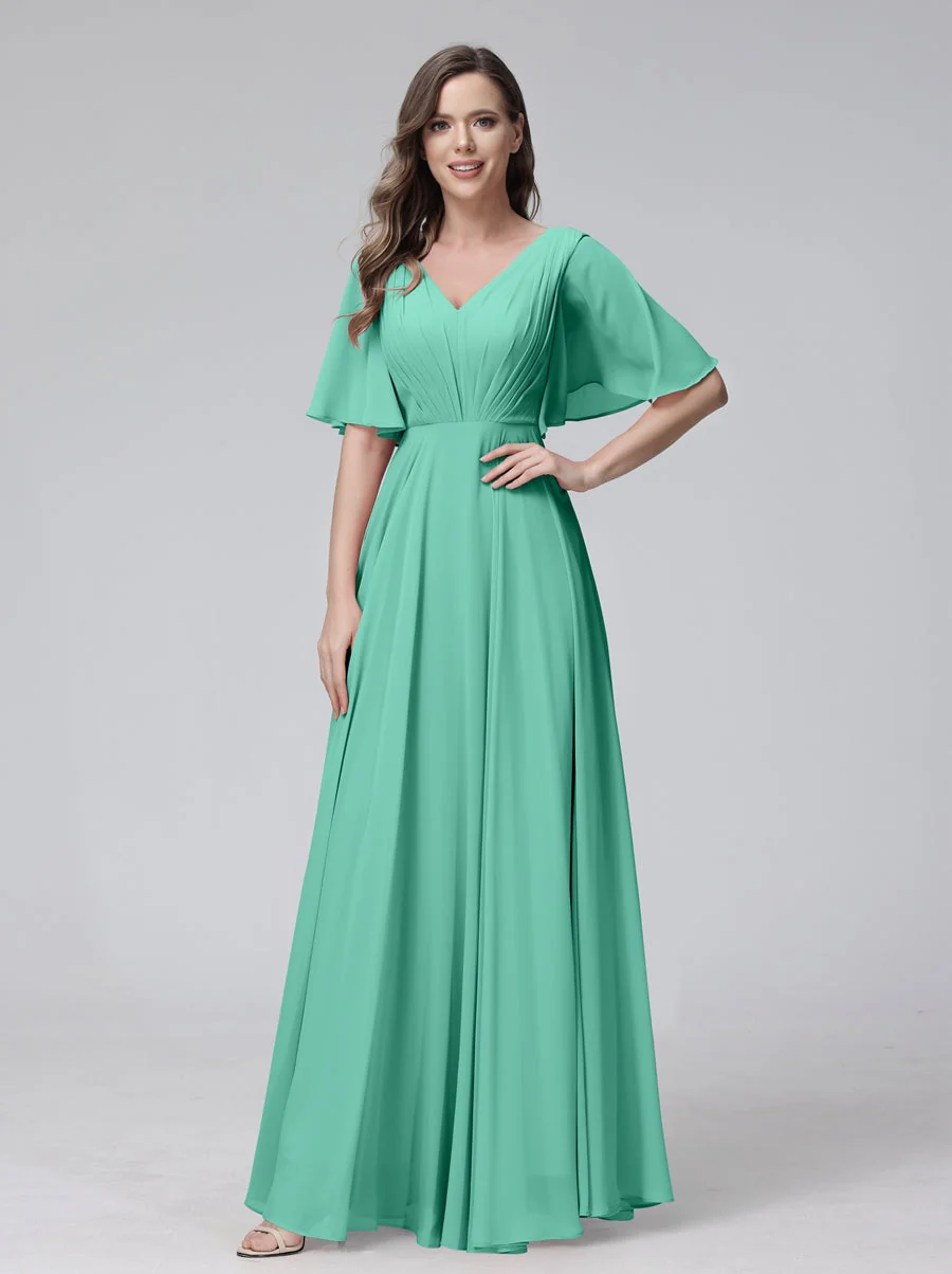 A-Line/Princess V-Neck Half Sleeves Floor-Length Bridemaid Dresses With Ruffles & Pockets - Image 62