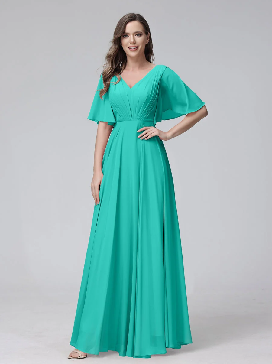 A-Line/Princess V-Neck Half Sleeves Floor-Length Bridemaid Dresses With Ruffles & Pockets - Image 63
