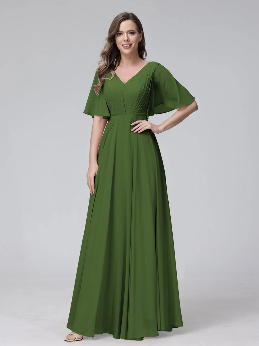 A-Line/Princess V-Neck Half Sleeves Floor-Length Bridemaid Dresses With Ruffles & Pockets - Image 65
