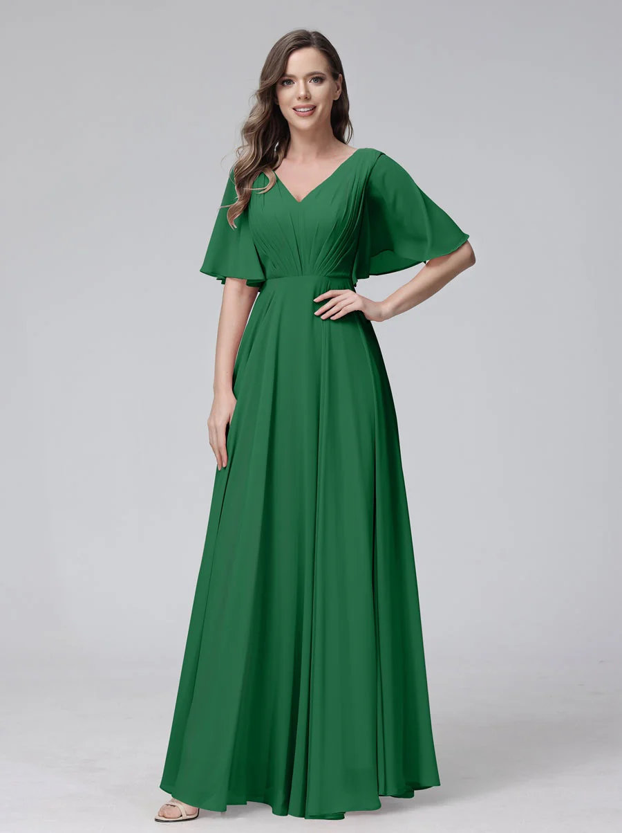 A-Line/Princess V-Neck Half Sleeves Floor-Length Bridemaid Dresses With Ruffles & Pockets - Image 67