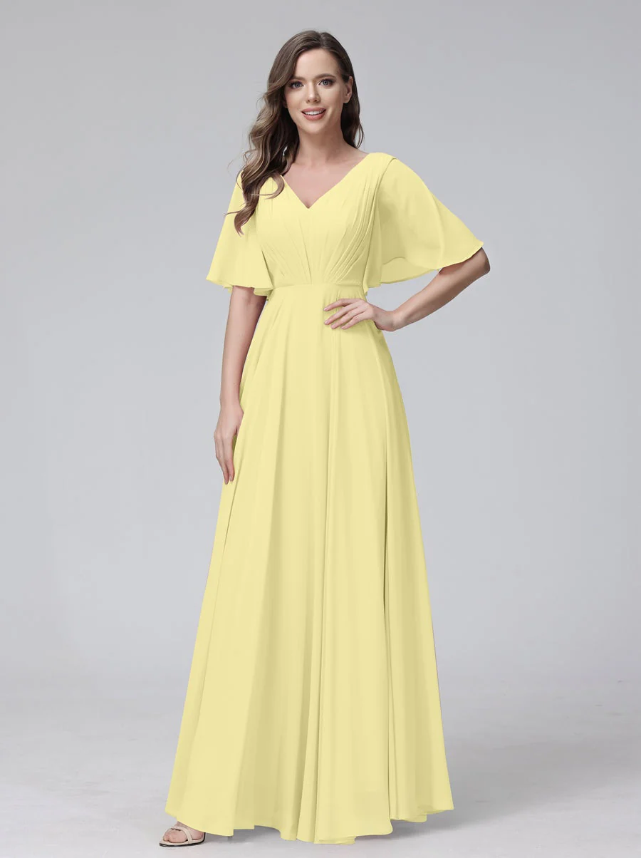 A-Line/Princess V-Neck Half Sleeves Floor-Length Bridemaid Dresses With Ruffles & Pockets - Image 69