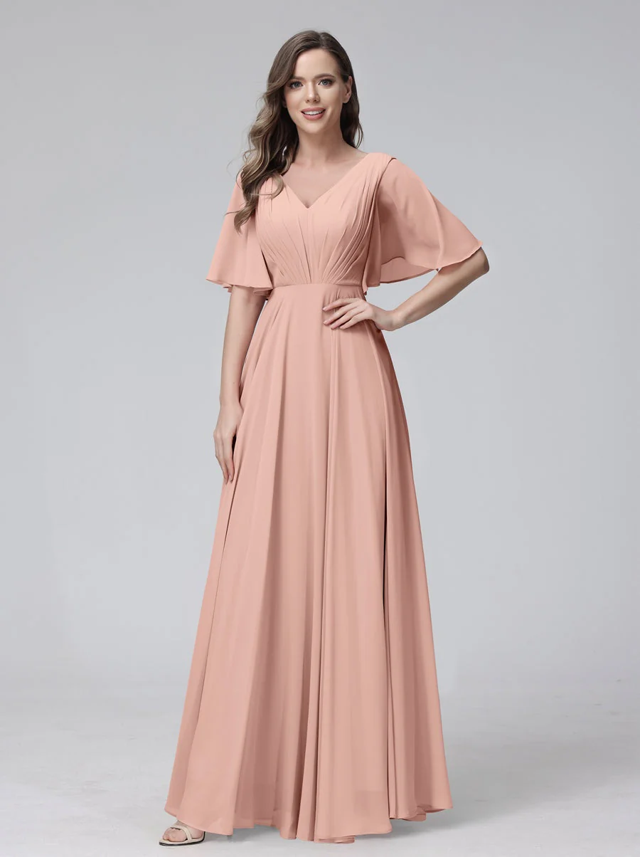 A-Line/Princess V-Neck Half Sleeves Floor-Length Bridemaid Dresses With Ruffles & Pockets - Image 7