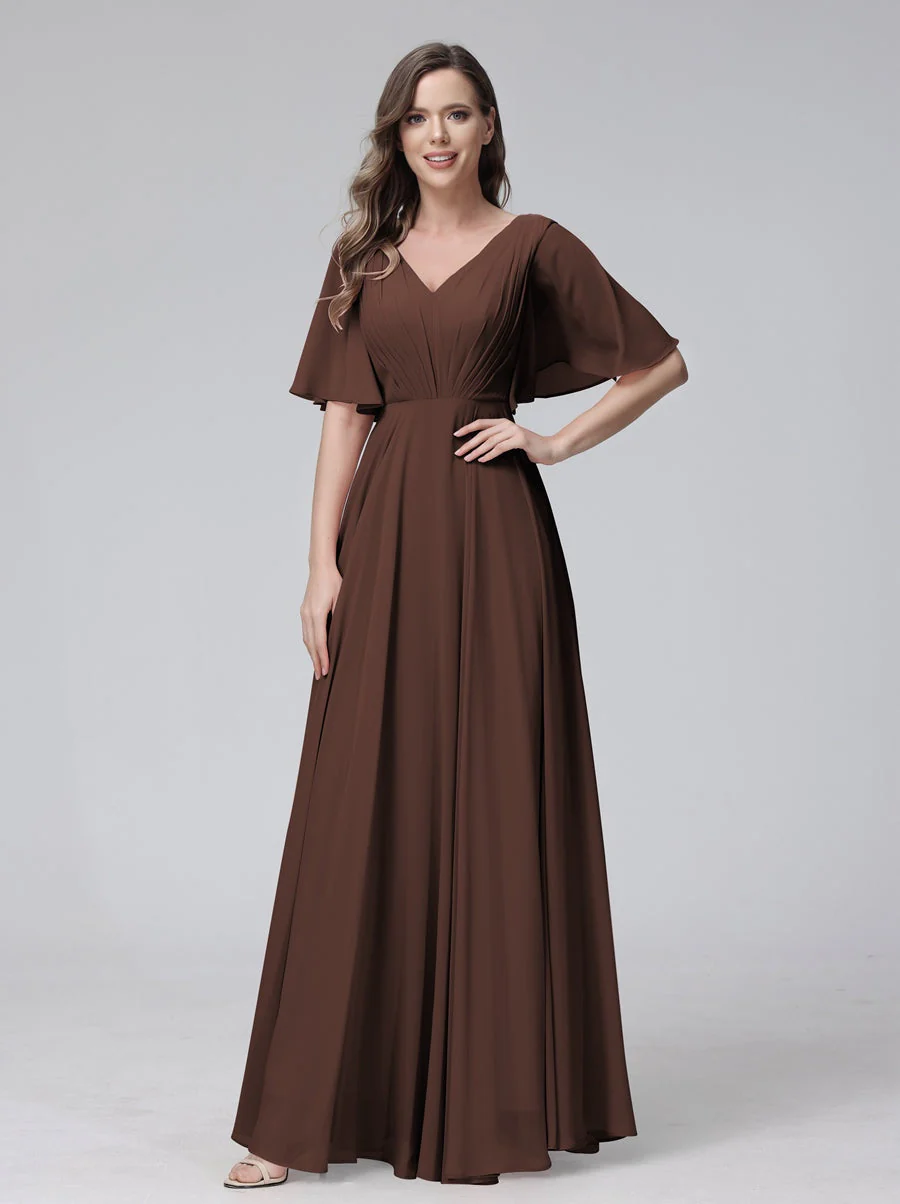 A-Line/Princess V-Neck Half Sleeves Floor-Length Bridemaid Dresses With Ruffles & Pockets - Image 76