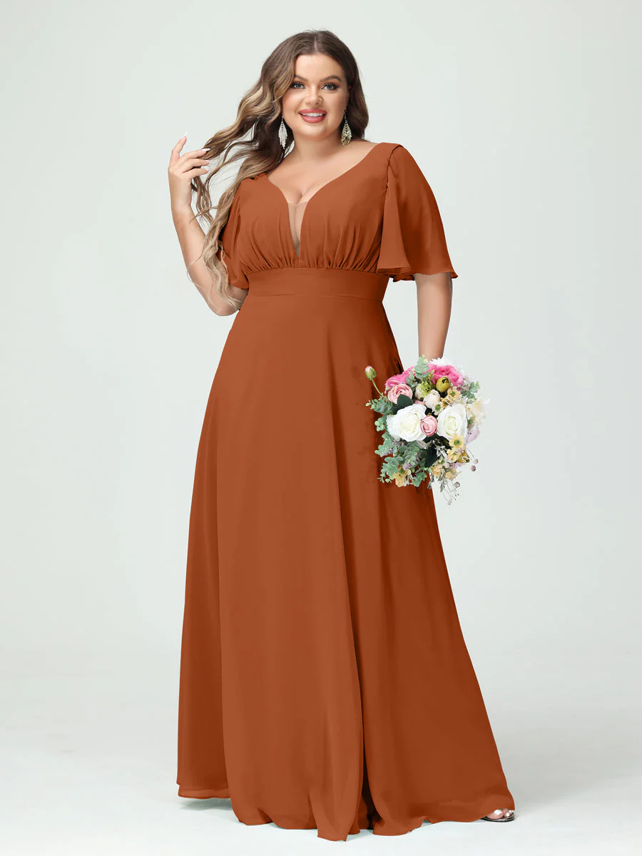 A-Line/Princess V-Neck Half Sleeves Chiffon Plus Size Bridesmaid Dresses with Pockets - Image 10
