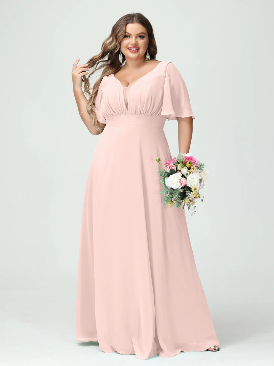 A-Line/Princess V-Neck Half Sleeves Chiffon Plus Size Bridesmaid Dresses with Pockets - Image 28