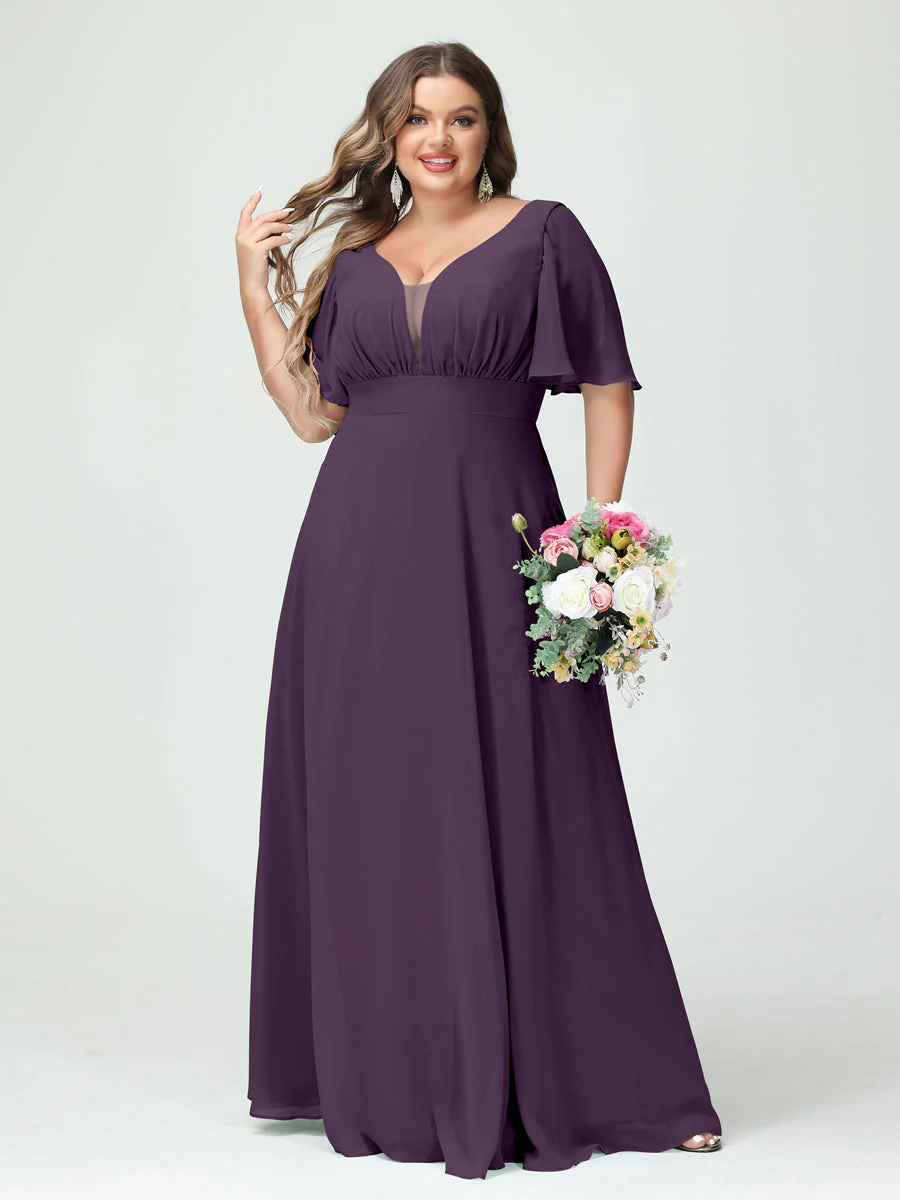 A-Line/Princess V-Neck Half Sleeves Chiffon Plus Size Bridesmaid Dresses with Pockets - Image 47