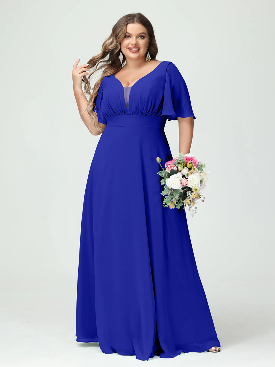 A-Line/Princess V-Neck Half Sleeves Chiffon Plus Size Bridesmaid Dresses with Pockets - Image 56