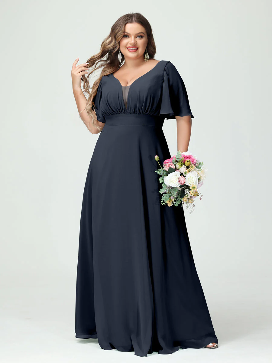 A-Line/Princess V-Neck Half Sleeves Chiffon Plus Size Bridesmaid Dresses with Pockets - Image 60